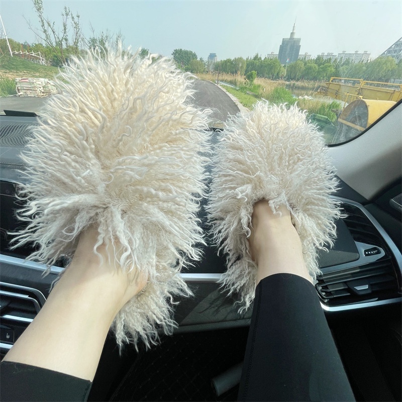 ZHEZHE Latest Design Women Fur Slippers Shoes Manufacturer Sheep Fur Flat Shoes Slippers Fluffy Fur Slides