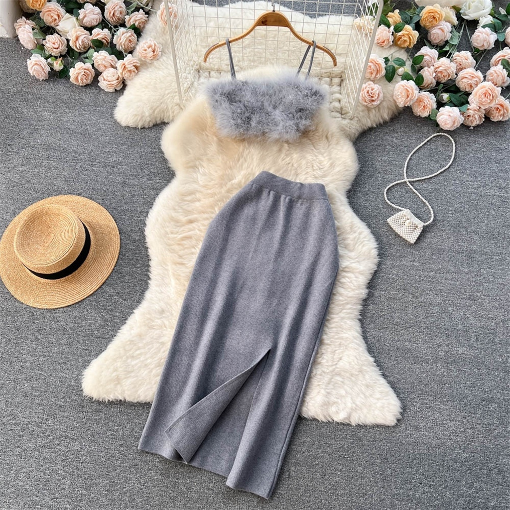 ZHEZHE New Women 2 Piece Skirt Set Fur Tank Tops And Midi Skirt Short Camisole Vest Open Knit Skirt Women's Set