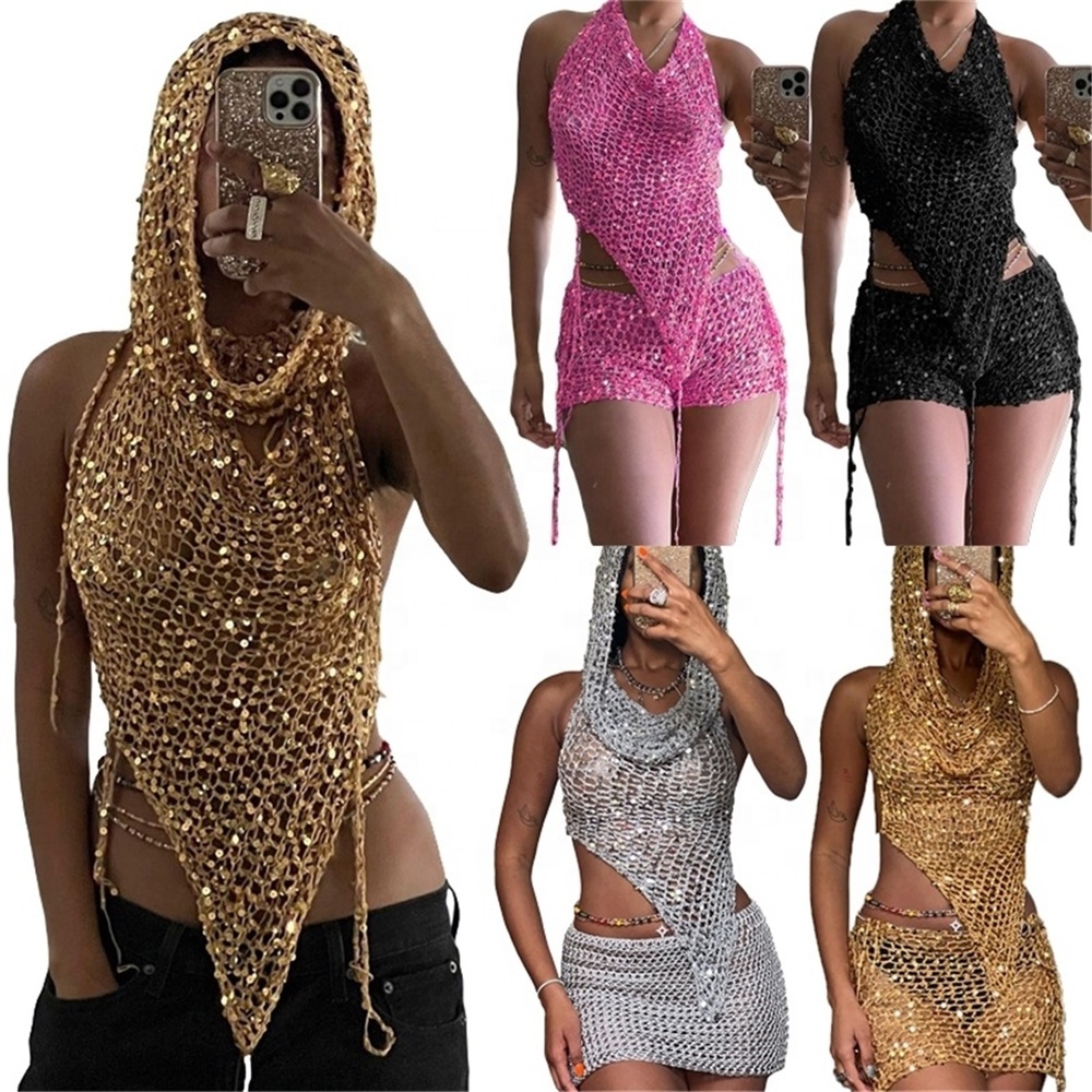 ZHEZHE Fashion summer 2023 new arrivals sexy hollow hooded sleeveless crop top two piece set sequin mini shorts women's sets