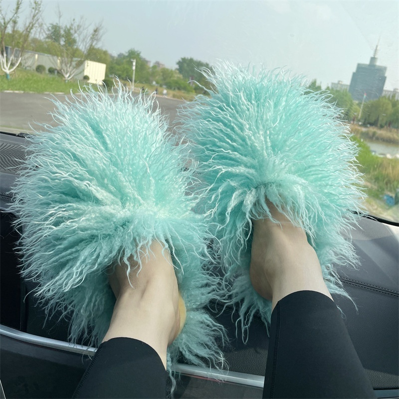 ZHEZHE Latest Design Women Fur Slippers Shoes Manufacturer Sheep Fur Flat Shoes Slippers Fluffy Fur Slides