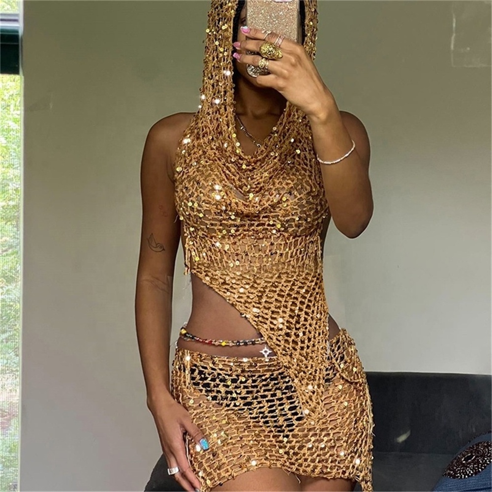 ZHEZHE Fashion summer 2023 new arrivals sexy hollow hooded sleeveless crop top two piece set sequin mini shorts women's sets