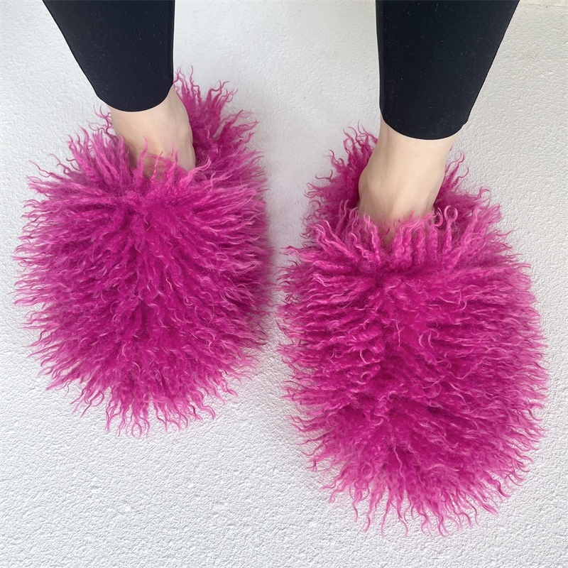 ZHEZHE Latest Design Women Fur Slippers Shoes Manufacturer Sheep Fur Flat Shoes Slippers Fluffy Fur Slides