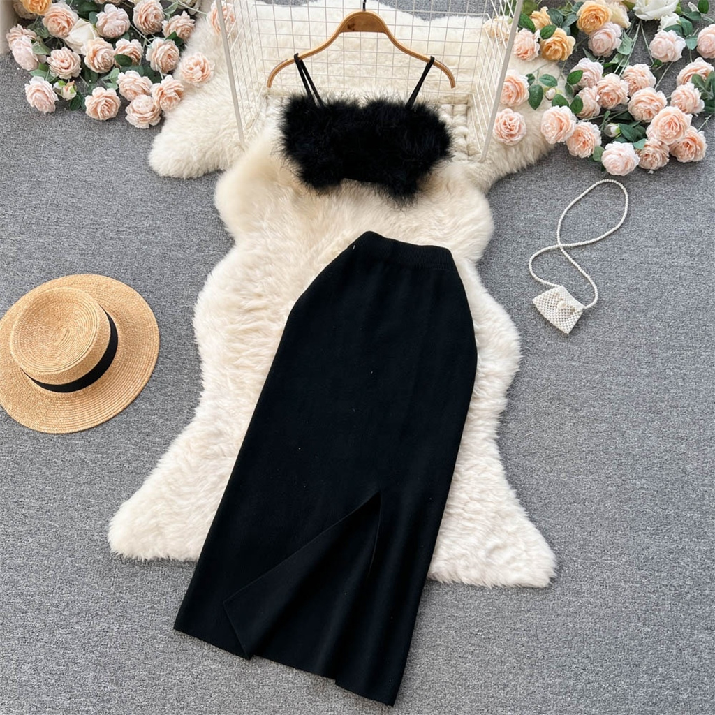 ZHEZHE New Women 2 Piece Skirt Set Fur Tank Tops And Midi Skirt Short Camisole Vest Open Knit Skirt Women's Set