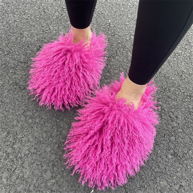 ZHEZHE Latest Design Women Fur Slippers Shoes Manufacturer Sheep Fur Flat Shoes Slippers Fluffy Fur Slides