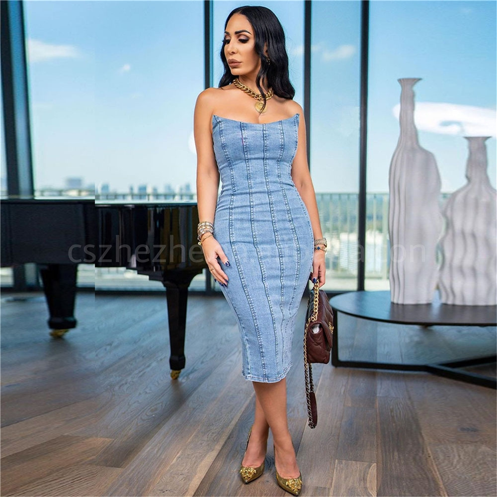 ZHEZHE Denim Fabric Tube Top Slim Fit Bodycon Dress Sexy Strapless Women's Jeans Dress