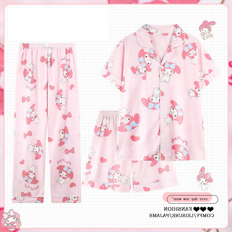 Thin Shorts Longs Sets Women 3 PCS Home Suit Spring and Summer Pajamas Cartoon My Melody Lovely Cotton Pants Cotton Sleepwear