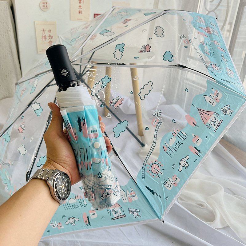 Three Folding Umbrella Travel Automatic Cartoon Lovely Cinnamoroll Puppy Rain Transparent Wind-proof Durable Brolly Wholesale