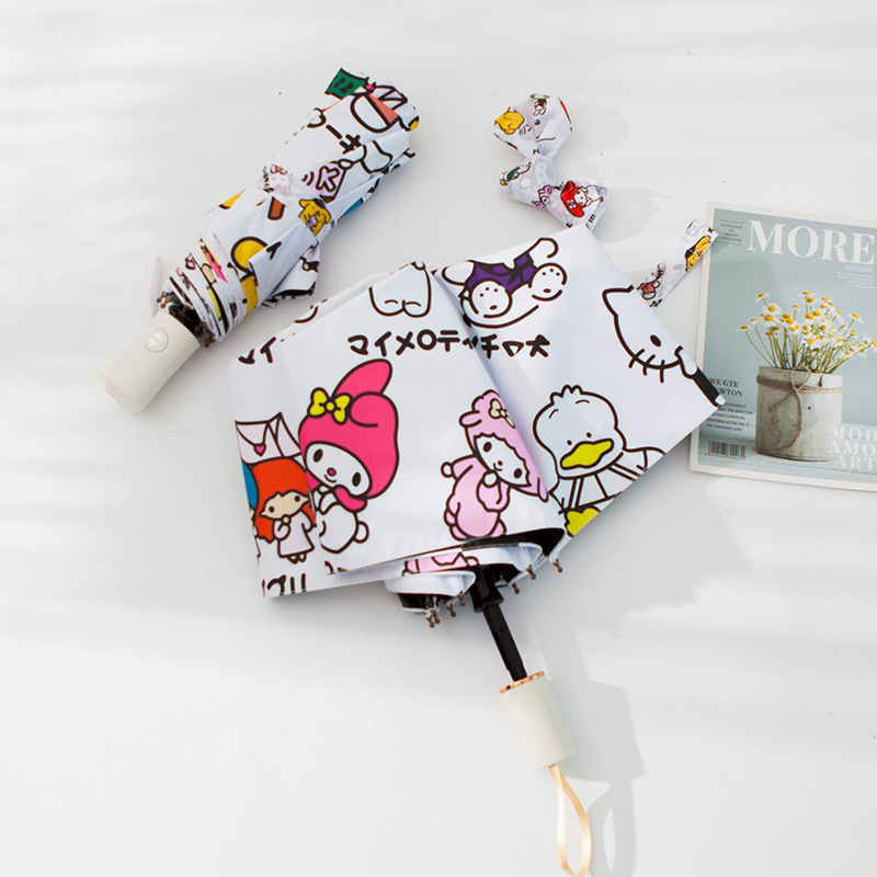 Dual Use Wind-proof Rain Sun UV Protection Cartoon Animal Kitty Pom Pom Purin Cinnamoroll Umbrellas Three-folding Bumbershoot