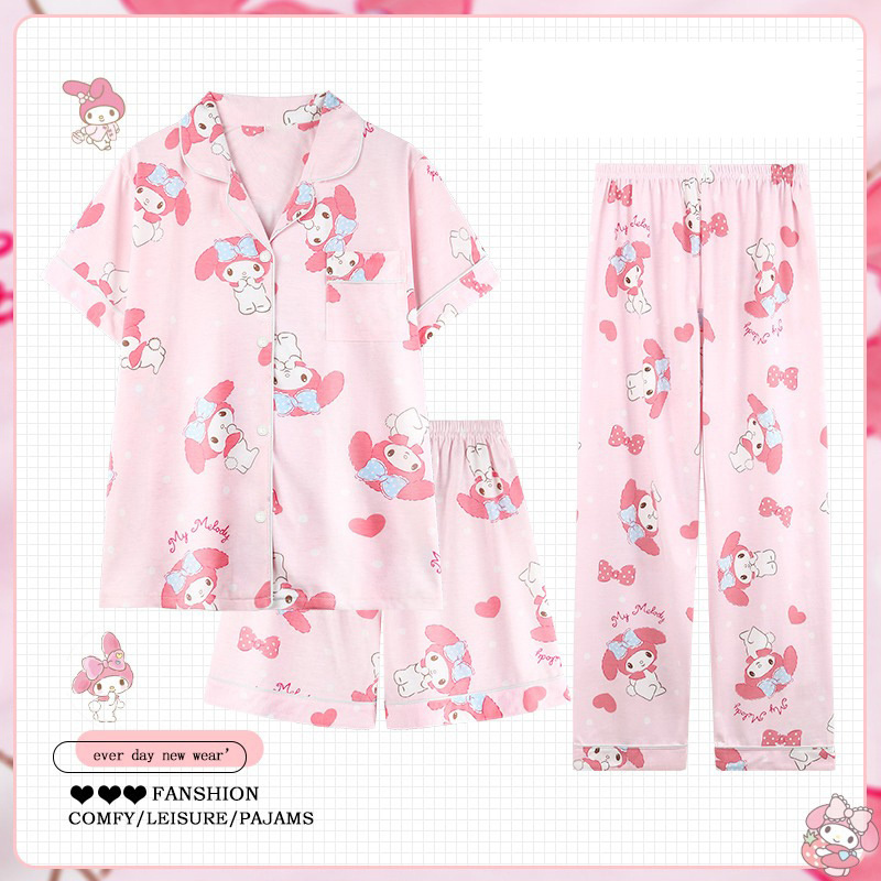 Thin Shorts Longs Sets Women 3 PCS Home Suit Spring and Summer Pajamas Cartoon My Melody Lovely Cotton Pants Cotton Sleepwear