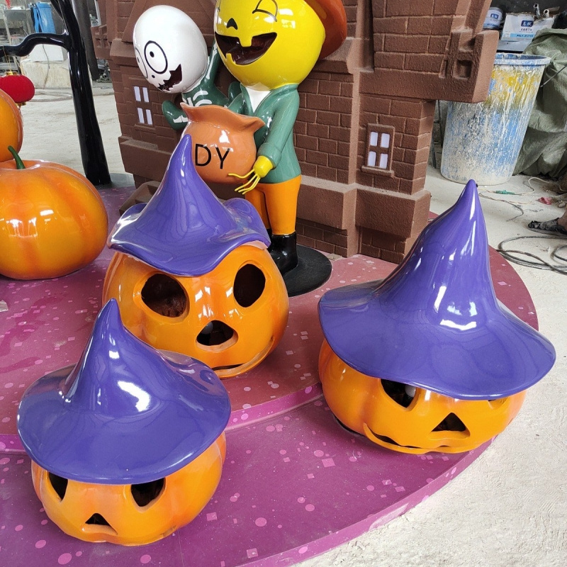 Outdoor Various Fiberglass Ornament Halloween Yard Scary Pumpkin Led Decorations  Large Pumpkin Carriage Sculpture