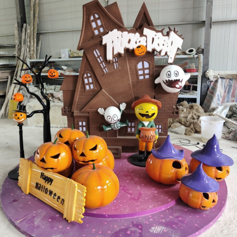 Outdoor Various Fiberglass Ornament Halloween Yard Scary Pumpkin Led Decorations  Large Pumpkin Carriage Sculpture