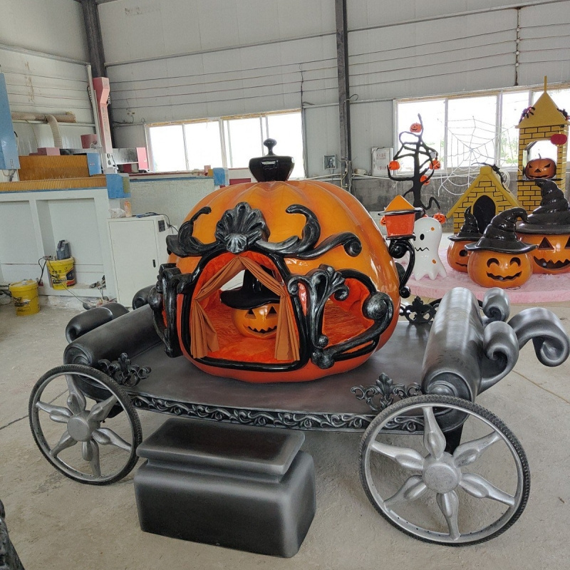 Halloween Garden Yard Fiberglass Resin Pumpkin Sculptures Giant Pumpkin Carriage  3D LED Decoration