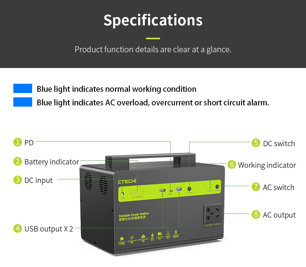 CTECHI Lithium Battery Pack Rechargeable Power Supply Power Bank Emergency Solar Portable Generator 300W Potable Power Station