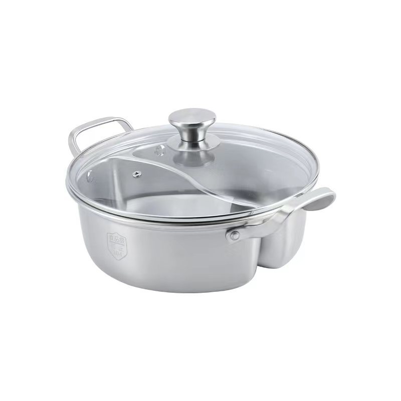 Factory wholesale Two flavor soup pot large capacity food grade stainless steel hot pot with clear glass lid