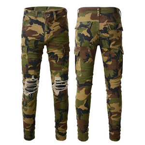 NEW mens camo pants hip hop cargo pants skinny slim jeans pants camouflage cargo jeans Men Stacked Denim