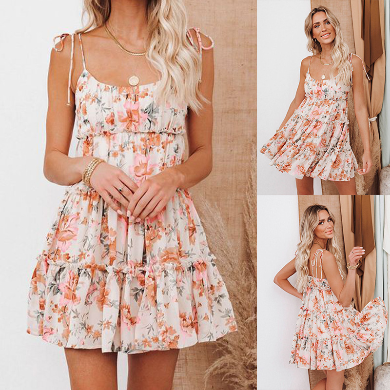 2024 Spring New Sling Simple Printed Chiffon Women's Dress Fashion Trend Dress