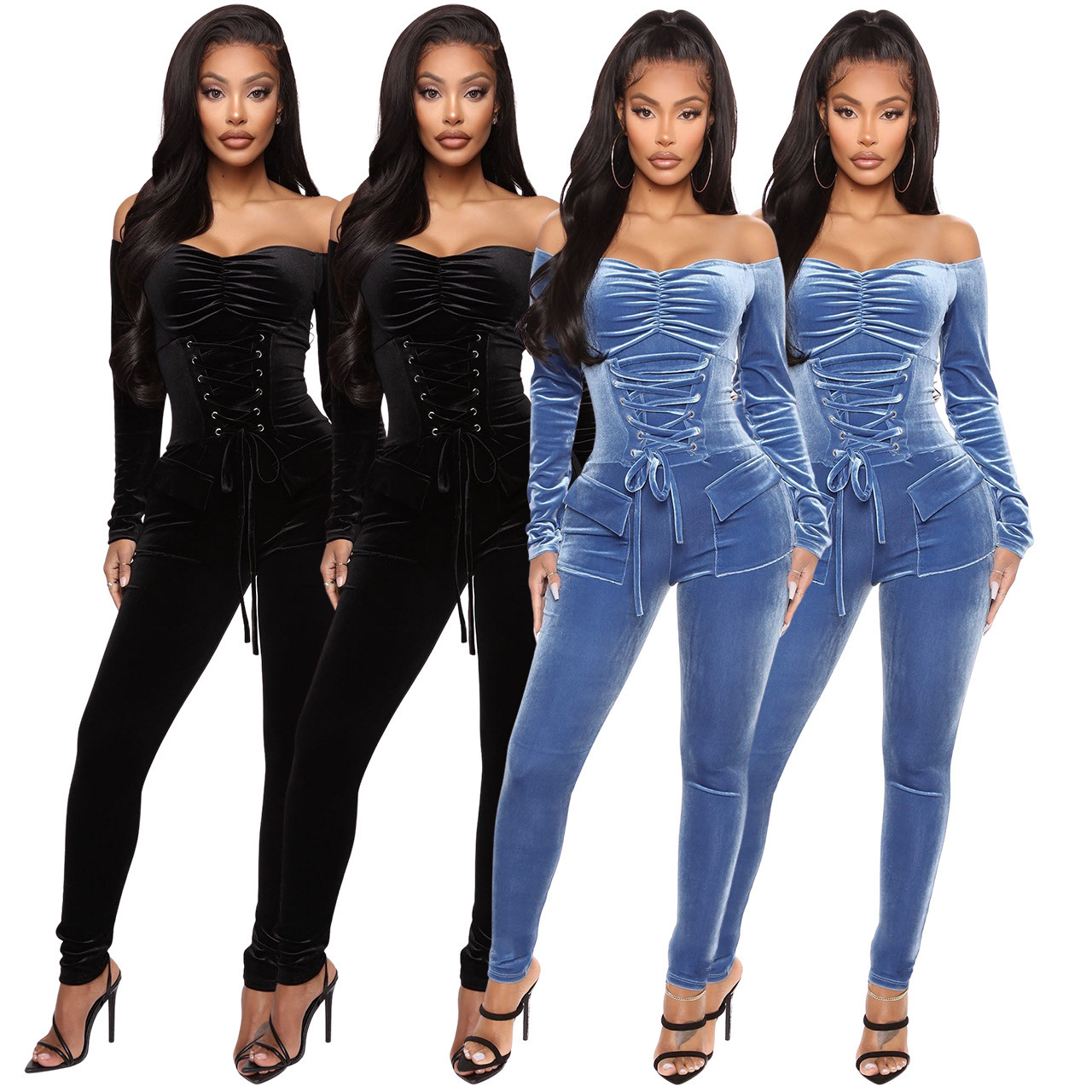 Autumn and winter velvet one-shoulder slim one-piece Bodycon Jumpsuits sexy velvet Jumpsuits For Ladies