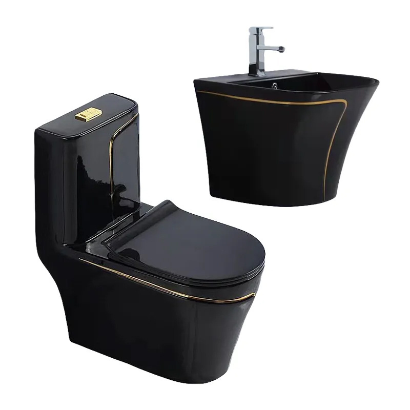 Hot Sale Modern Bathroom WC Gold Line Black Toilet For Customized With Hotel Apartments