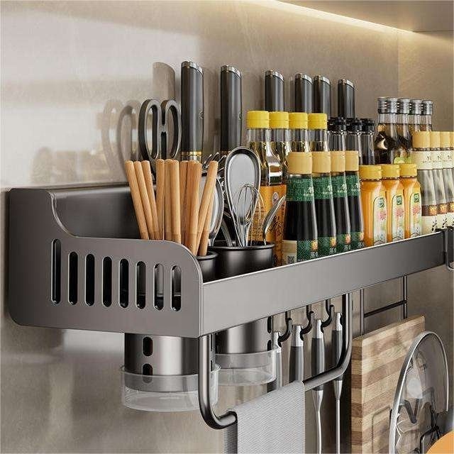 YULN Wholesale Stainless Steel spice shelf wall mounted knife holder tool storage pot cover racks shelving