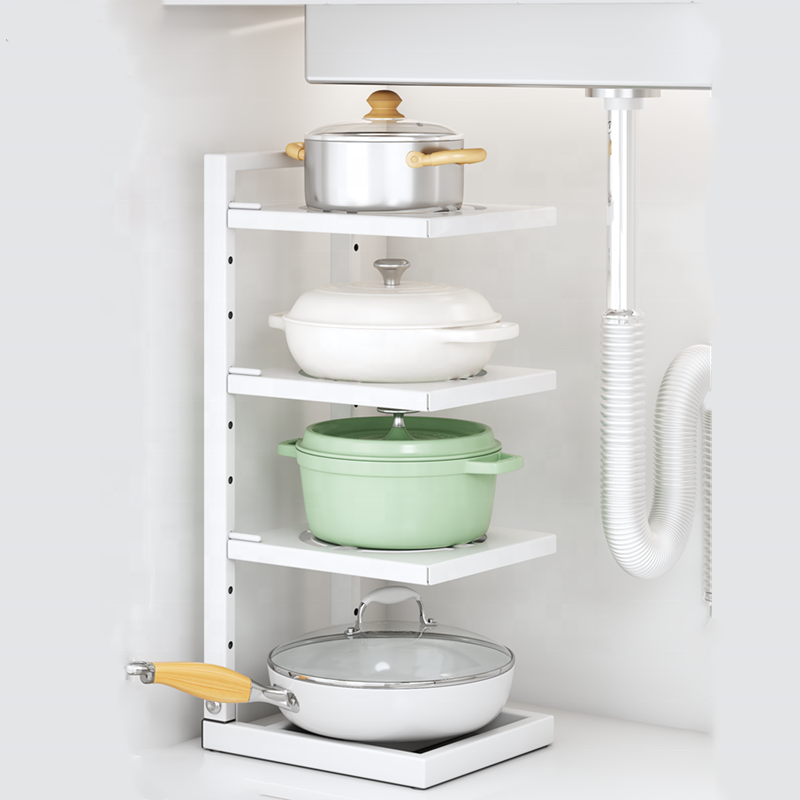 YULN White 3 4 Tiers Adjustable Kitchen Pot Holder Pan Organizer Shelf Rack Pots And Pans Organizer For Cabinet