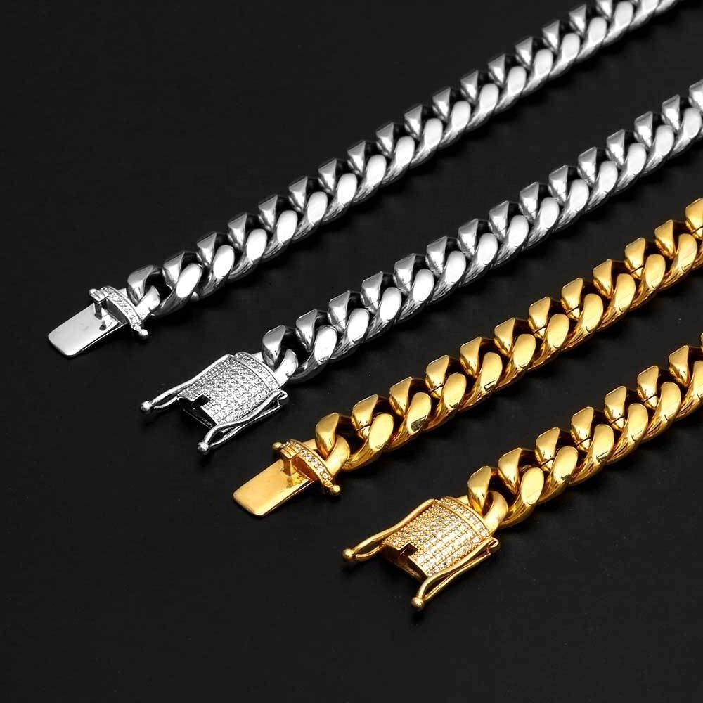 mens 12mm diamond clasp thick hip hop cuban links chain jewelry necklace women silver gold plated stainless steel cuban link