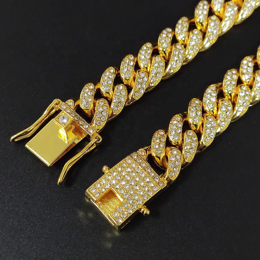 wholesale high quality 12mm fashion hip hop necklace jewelry chains iced out rhinestone diamond gold cuban link chain for men