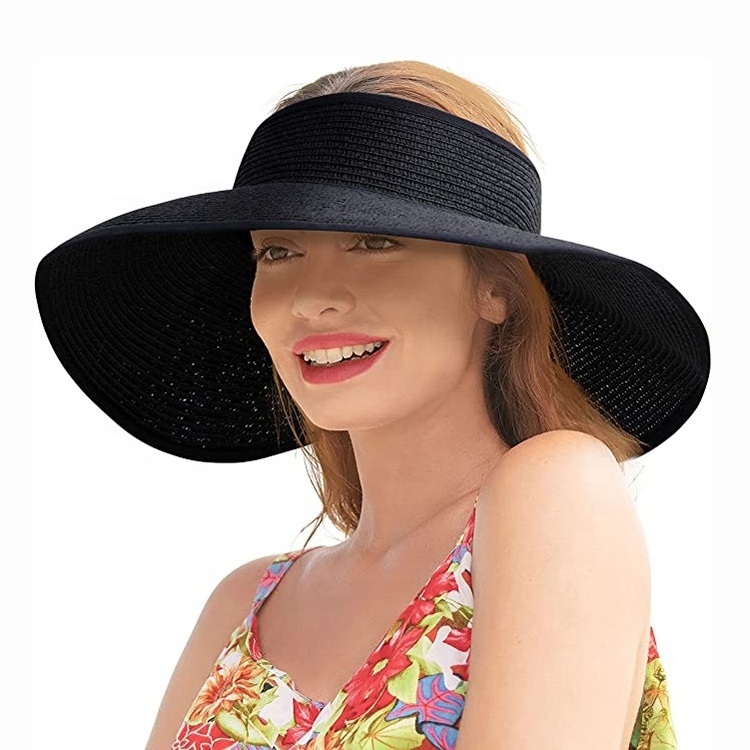 Women's Black Wide Brim Roll-up Topless Sun Straw Hat Packable Foldable Adjustable Size Open Top Summer Beach Visor Hat