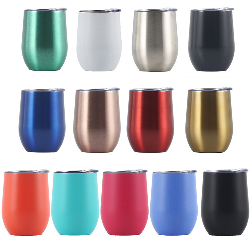 12 Oz Wine Tumbler Egg Shape With Lid Double Wall Stainless Steel Vacuum Insulated Stemless Wine Glass Tumbler Cup With Logo