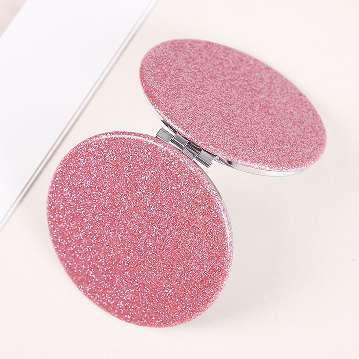 Bulk Blank Round Foldable Cute Mini PU Leather Glitter Makeup Cosmetic Mirror Travel Glitter Pocket Compact Makeup Mirrors