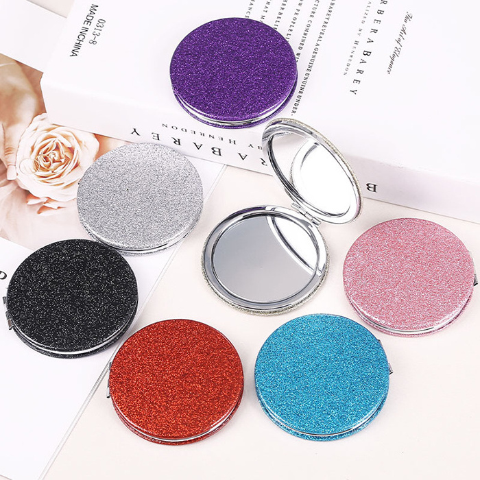 Bulk Blank Round Foldable Cute Mini PU Leather Glitter Makeup Cosmetic Mirror Travel Glitter Pocket Compact Makeup Mirrors