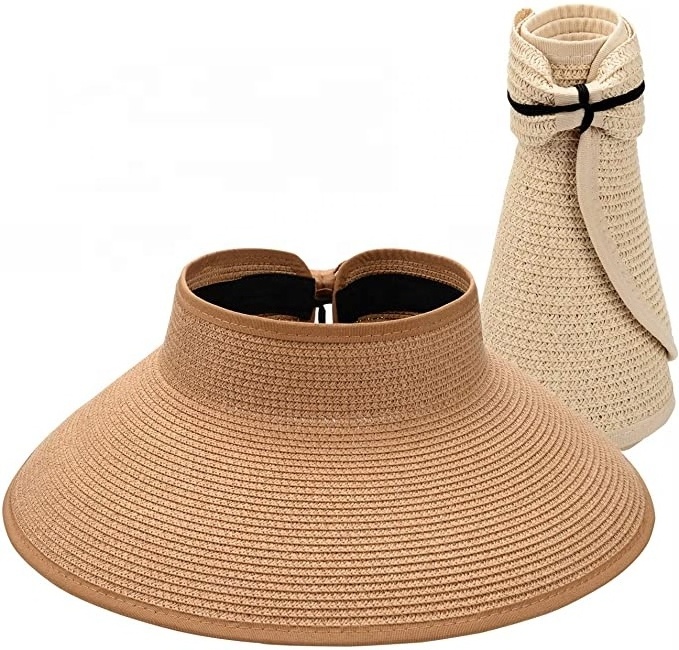 Women's Black Wide Brim Roll-up Topless Sun Straw Hat Packable Foldable Adjustable Size Open Top Summer Beach Visor Hat