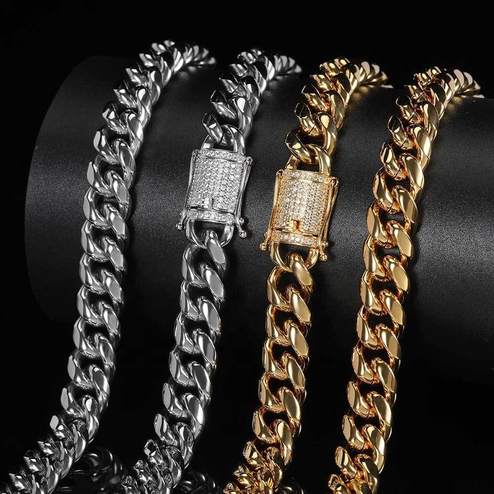 mens 12mm diamond clasp thick hip hop cuban links chain jewelry necklace women silver gold plated stainless steel cuban link