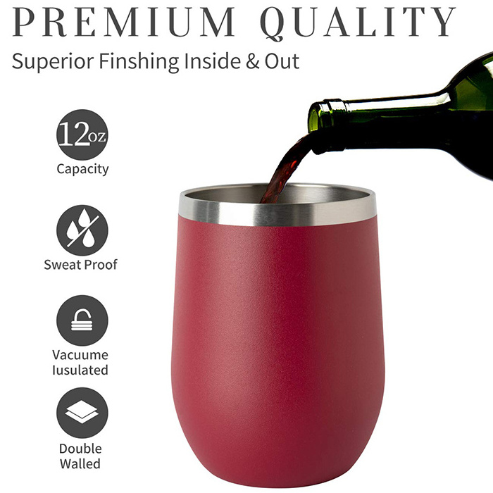 12 Oz Wine Tumbler Egg Shape With Lid Double Wall Stainless Steel Vacuum Insulated Stemless Wine Glass Tumbler Cup With Logo