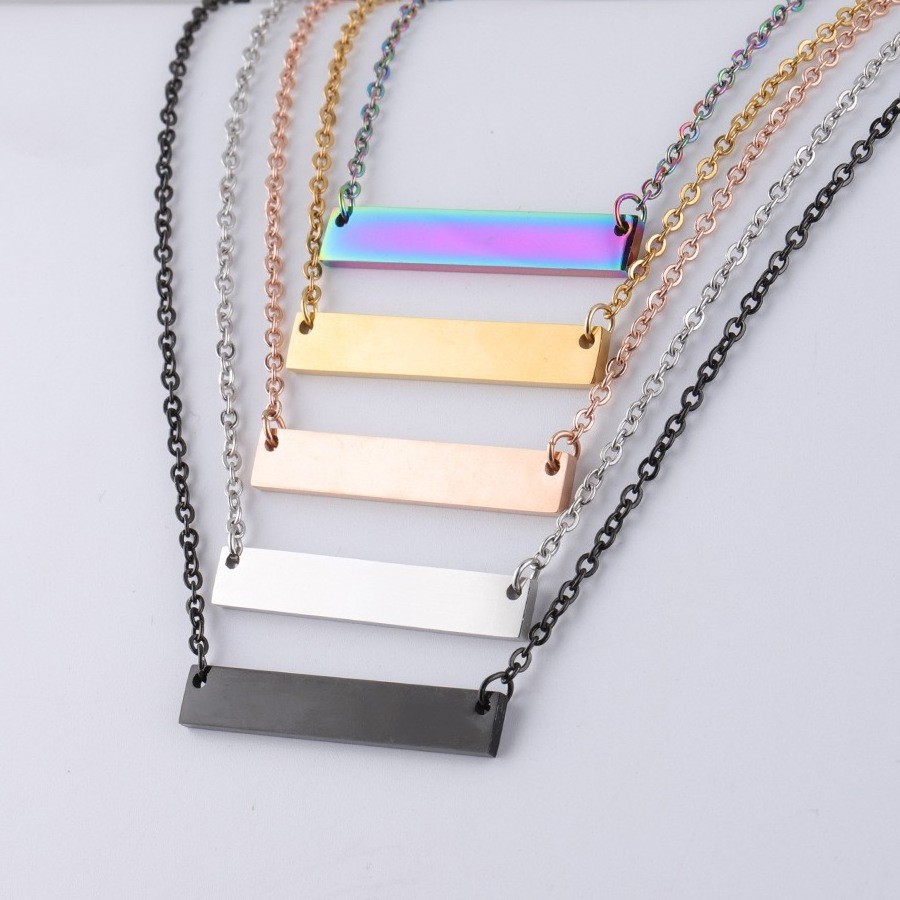 Custom Engraved Gold Silver Rose Gold Horizontal Name Bar Necklace Stainless Steel 18K Gold Plated Blank Bar Necklace