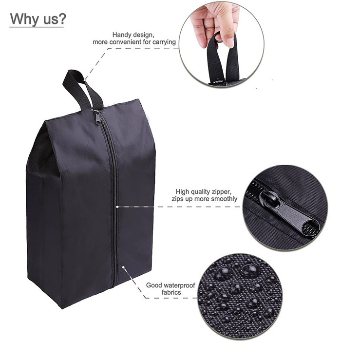 Custom Waterproof Travel Gym Shoe Dust Bags for Men and Women Black Portable Nylon Travel Shoe Storage Organizer Bag with Zipper