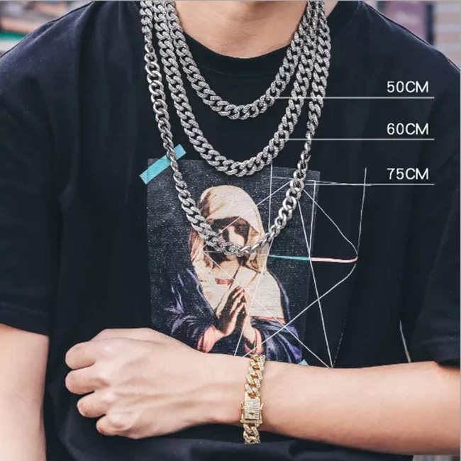 wholesale high quality 12mm fashion hip hop necklace jewelry chains iced out rhinestone diamond gold cuban link chain for men