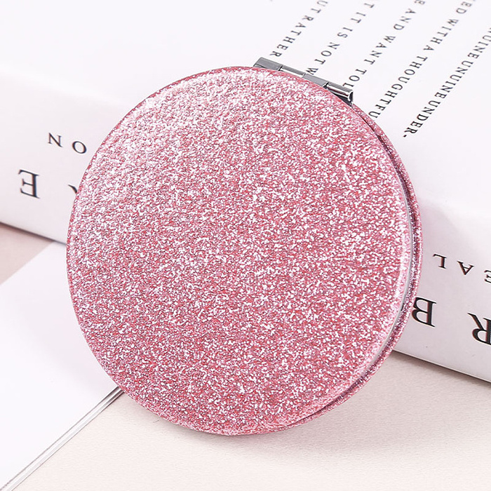 Bulk Blank Round Foldable Cute Mini PU Leather Glitter Makeup Cosmetic Mirror Travel Glitter Pocket Compact Makeup Mirrors