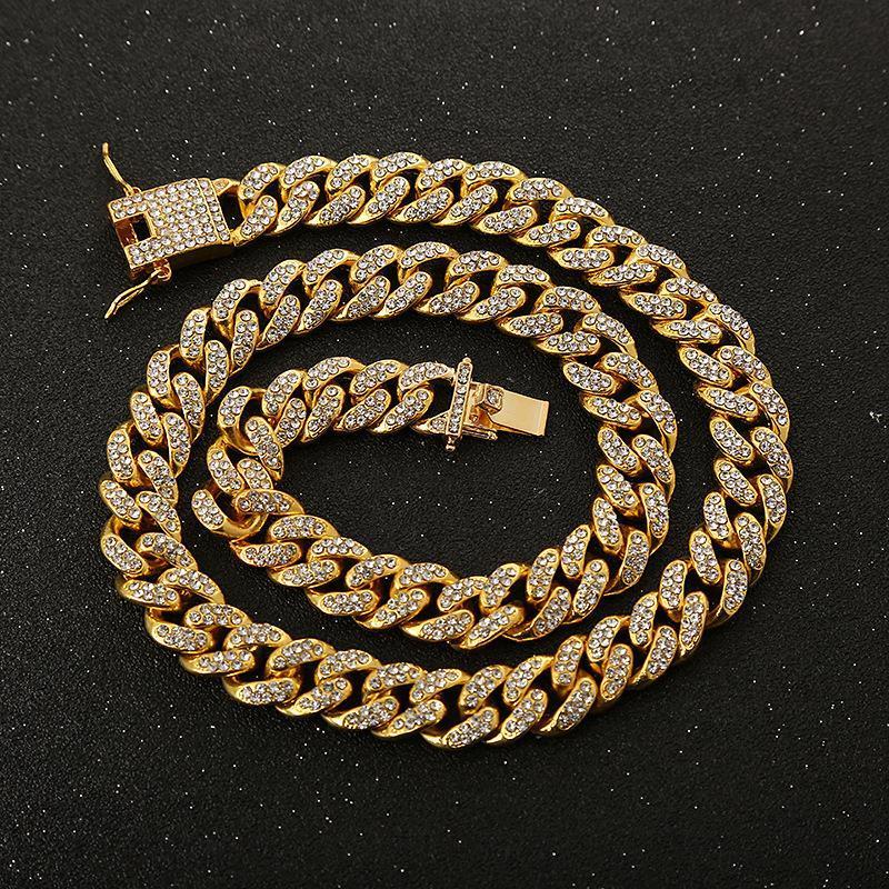 wholesale high quality 12mm fashion hip hop necklace jewelry chains iced out rhinestone diamond gold cuban link chain for men