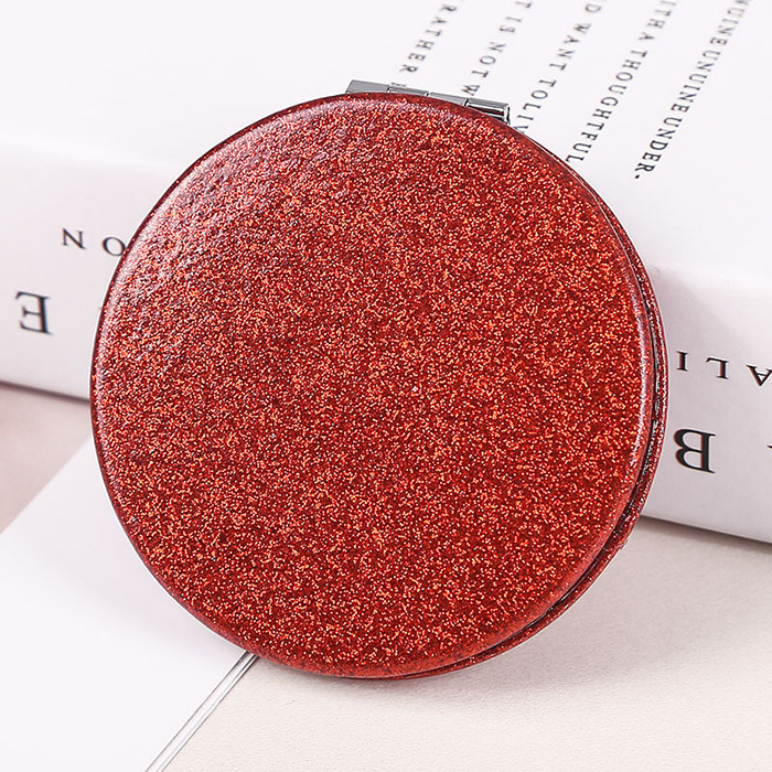 Bulk Blank Round Foldable Cute Mini PU Leather Glitter Makeup Cosmetic Mirror Travel Glitter Pocket Compact Makeup Mirrors