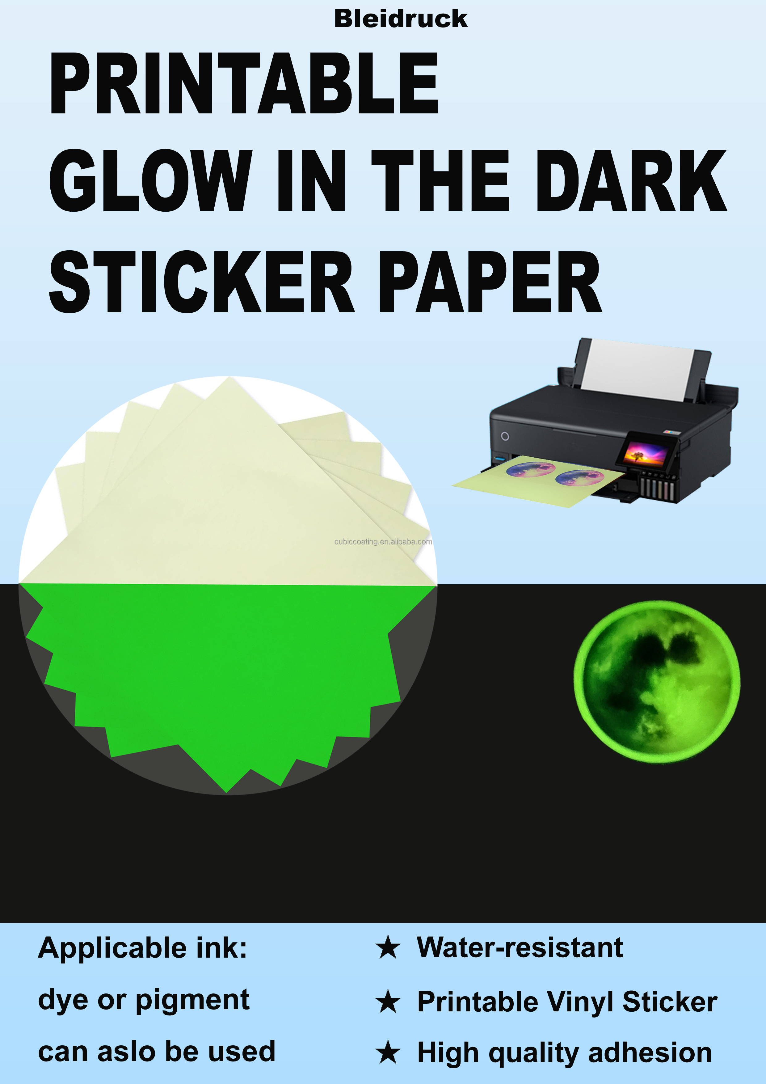 Drop Shipping A4 A3 Size Fluorescent Luminous Glow In The Darkness Customized Glow In The Dark Sticker Paper Inkjet