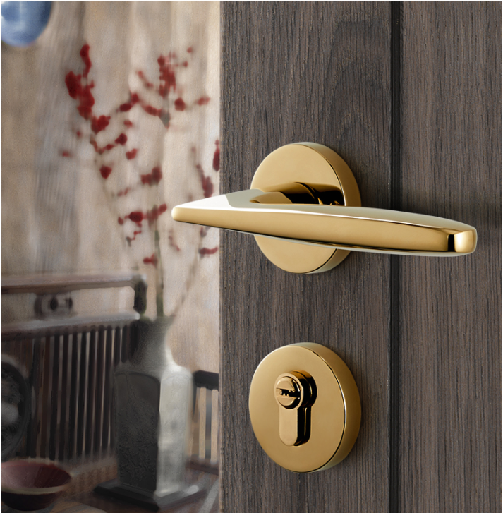 CUCA Indoor Bedroom Mute Nordic Golden Simple Solid Wood Brass Door Handle With Lock