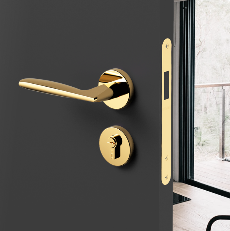 CUCA Indoor Bedroom Mute Nordic Golden Simple Solid Wood Brass Door Handle With Lock