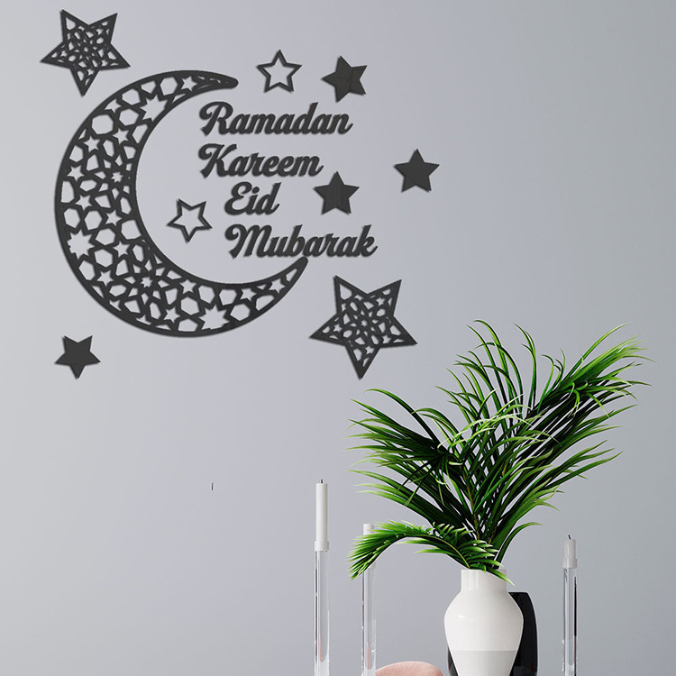 Eid Decoration Ramadan Moon Islamic Wall Decor Ramadan Mubarak Sign Kareem Gift Eid Moon Islamic Wooden Sign Mirror Wall Sticker