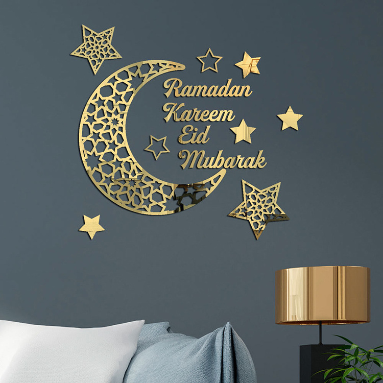 Eid Decoration Ramadan Moon Islamic Wall Decor Ramadan Mubarak Sign Kareem Gift Eid Moon Islamic Wooden Sign Mirror Wall Sticker