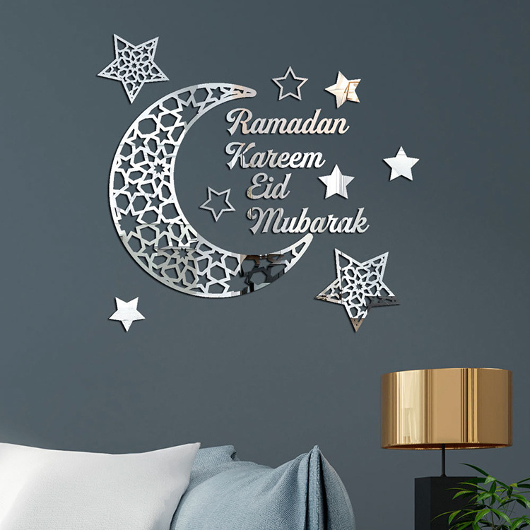 Eid Decoration Ramadan Moon Islamic Wall Decor Ramadan Mubarak Sign Kareem Gift Eid Moon Islamic Wooden Sign Mirror Wall Sticker