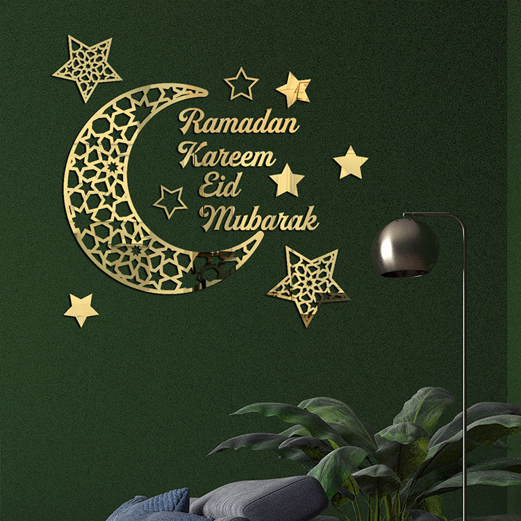 Eid Decoration Ramadan Moon Islamic Wall Decor Ramadan Mubarak Sign Kareem Gift Eid Moon Islamic Wooden Sign Mirror Wall Sticker