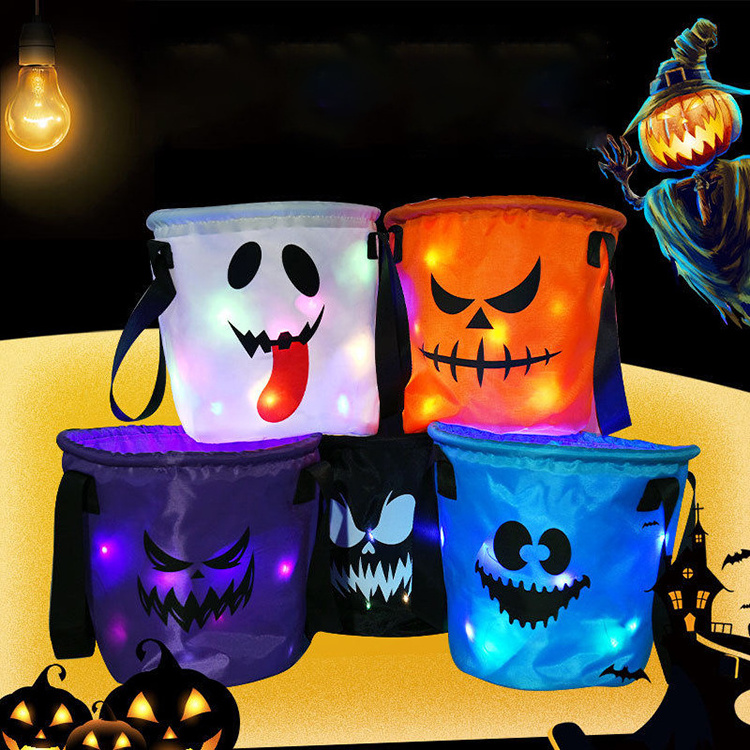 New Design Personalized Led Light Halloween Buckets Kids Trick or Treat Blank Candy Bag Light Up Pumpkin Halloween Basket