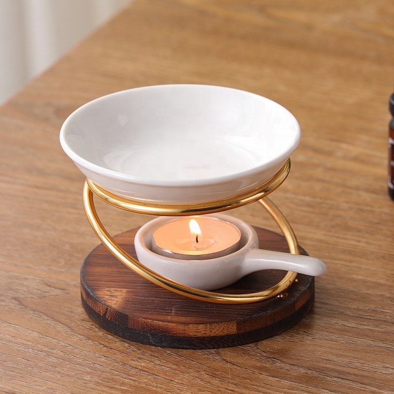 Wholesale Gold Wax Candle Warmer Diffuser Metal Essential Oil Tealight Candle Incense Burner With White Tray