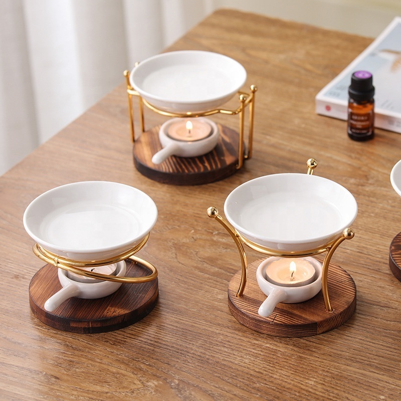 Wholesale Gold Wax Candle Warmer Diffuser Metal Essential Oil Tealight Candle Incense Burner With White Tray