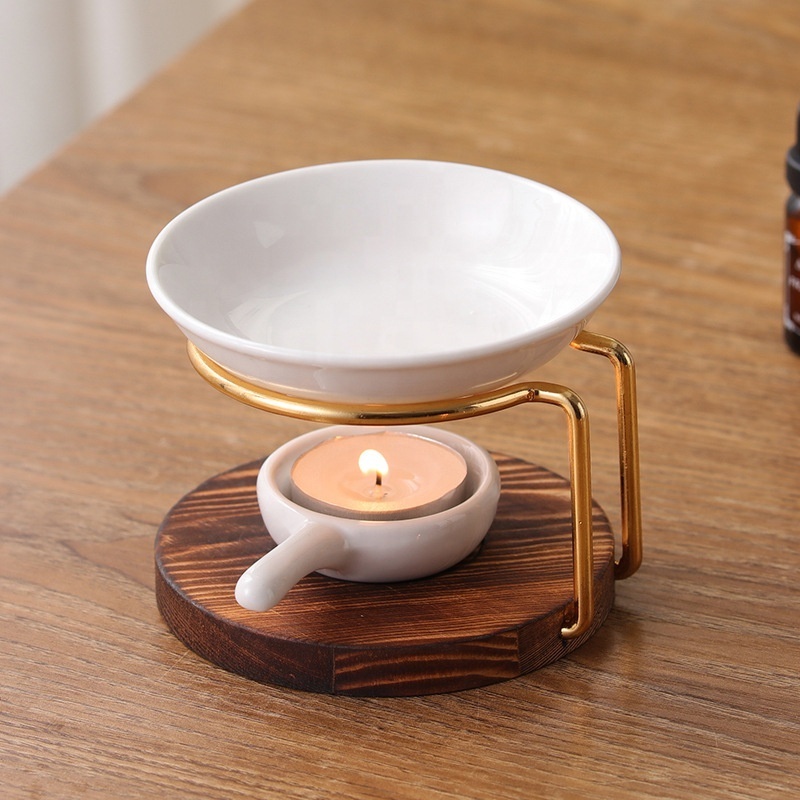 Wholesale Gold Wax Candle Warmer Diffuser Metal Essential Oil Tealight Candle Incense Burner With White Tray